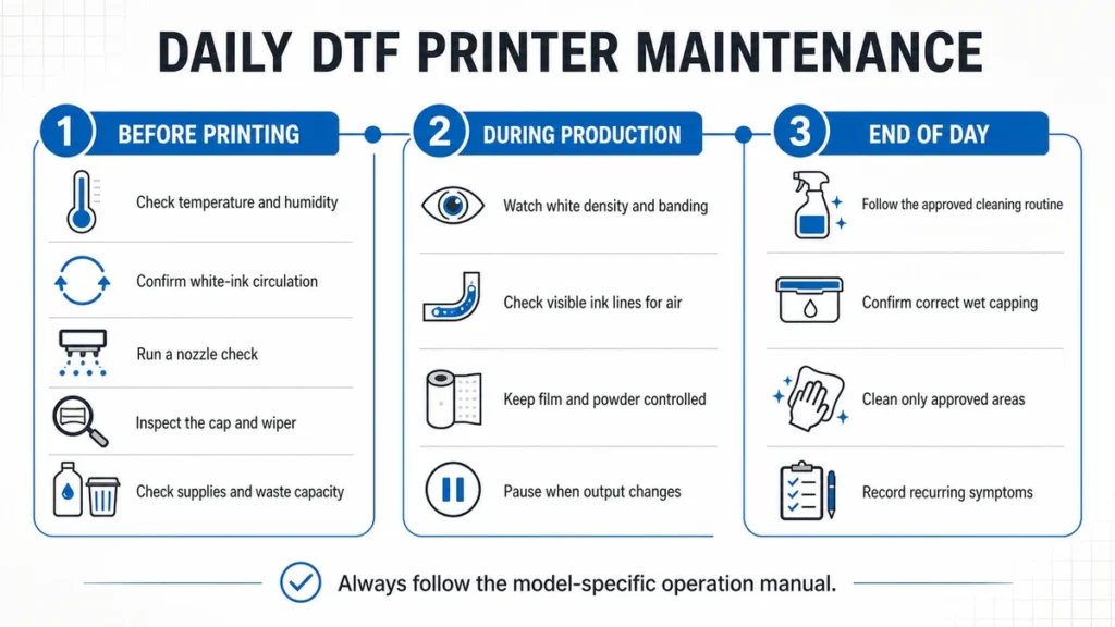 Daily DTF printer maintenance checklist covering before, during, and end-of-day tasks