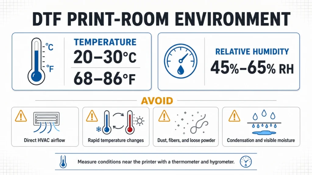 Recommended Xinflying DTF printer room temperature of 68 to 86°F and humidity of 45% to 65% RH