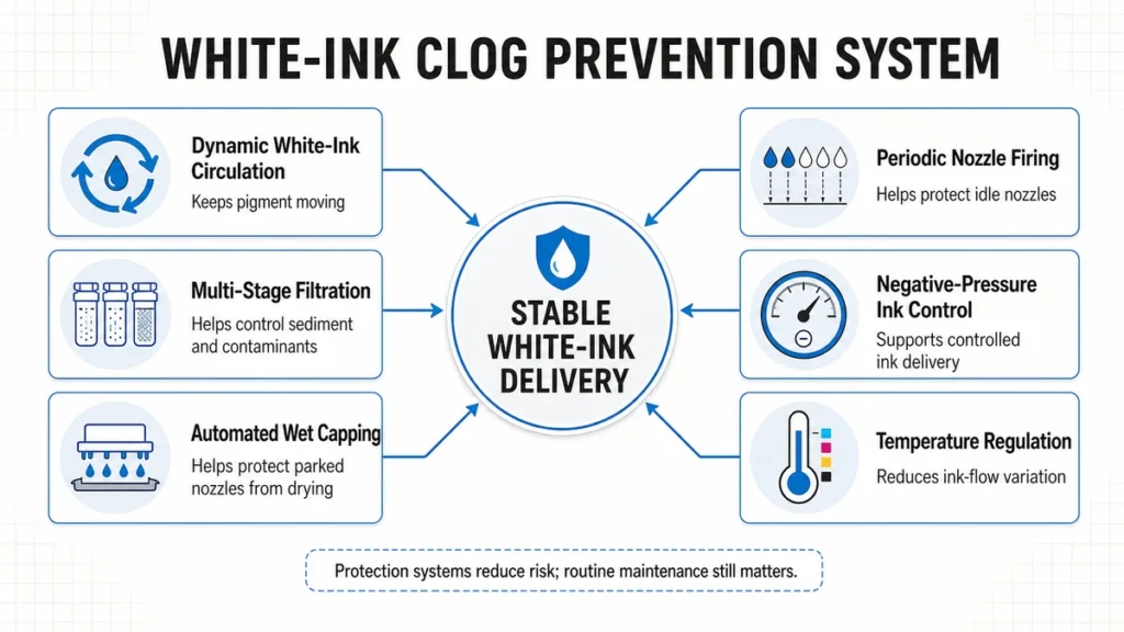 White-ink clog prevention system with circulation, filtration, wet capping, nozzle firing, pressure control, and temperature regulation