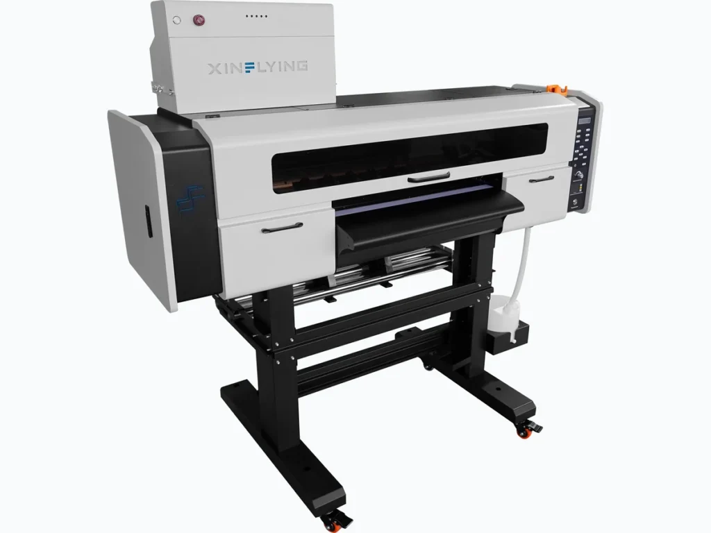 Front three-quarter view of a Xinflying DTF printer on its floor stand