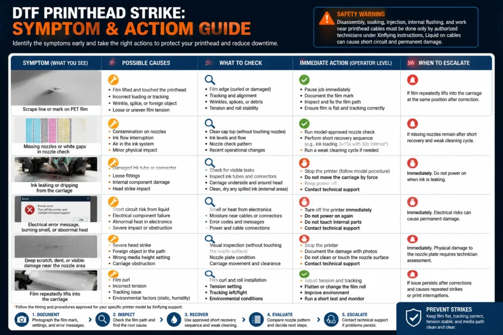 DTF head-strike symptoms and recommended next actions